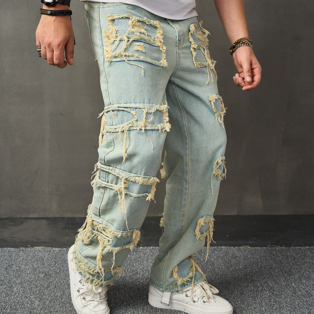 Stylish Retro Ripped Patch Casual Loose Jeans