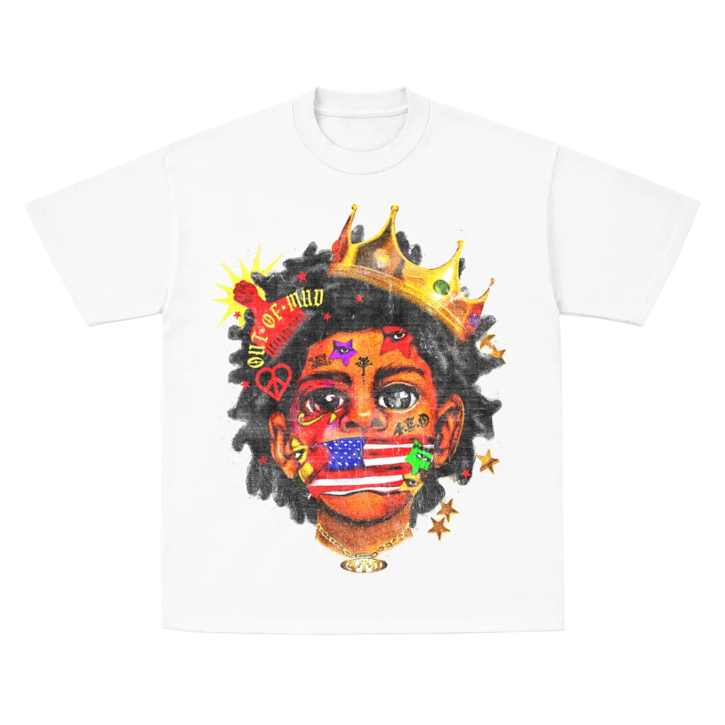 White t-shirt with a colorful graphic design of a face with a crown and American flag, on a white background.