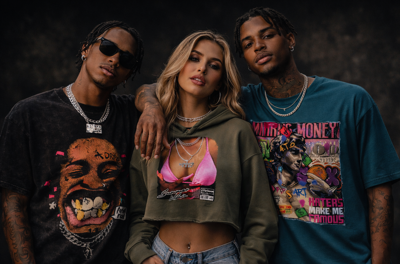 Three people posing together against a dark background