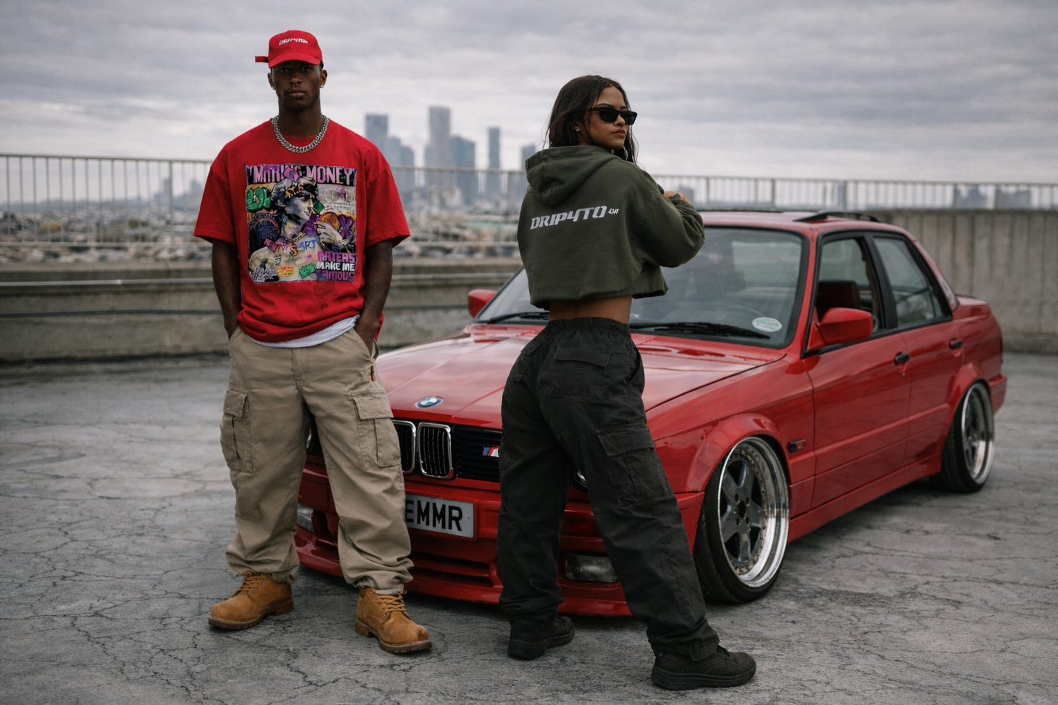 Two people standing next to a red BMW car with a cityscape in the background