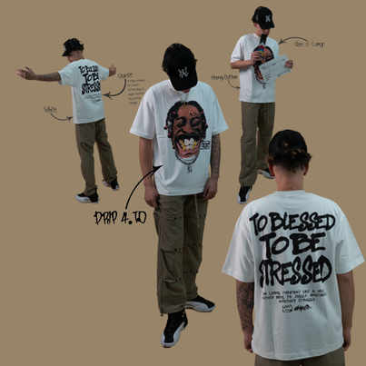 Four people wearing t-shirts with different designs on a beige background