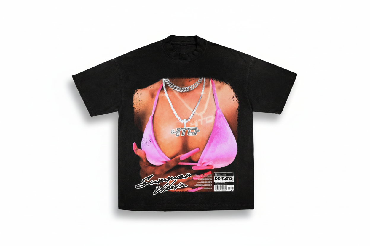 Black t-shirt with a graphic of a person wearing a pink bikini and chains, on a white background.