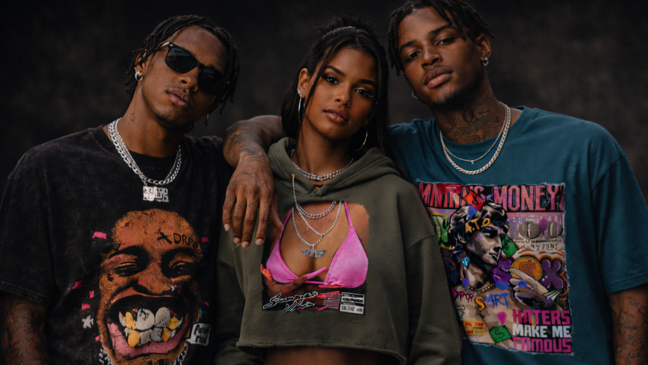 Three people posing together against a dark background