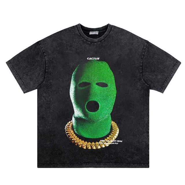 Vintage Green Mask Printed Cotton T-shirt Oversized