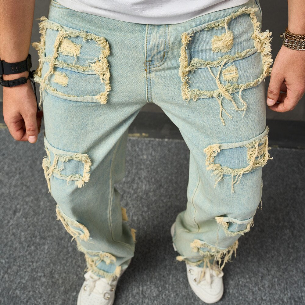 Stylish Retro Ripped Patch Casual Loose Jeans